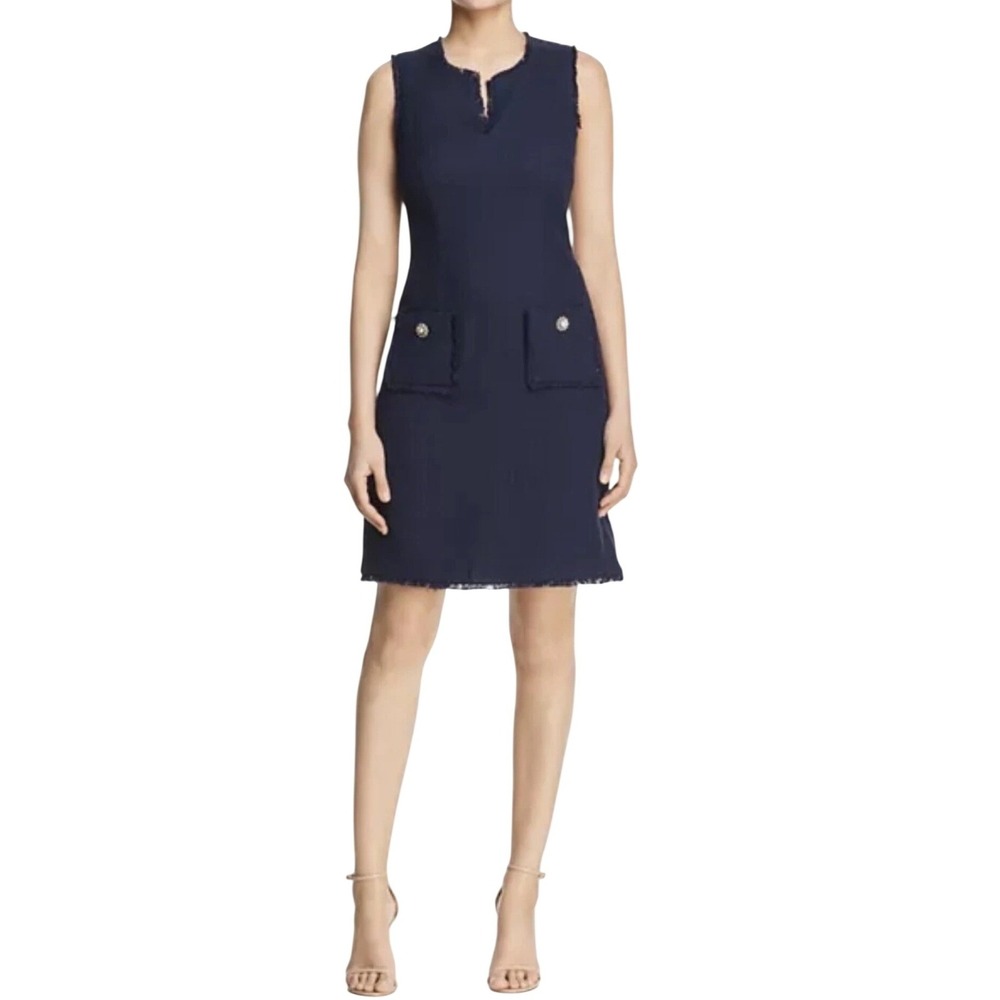 Karl Lagerfeld NWT Paris Navy Blue Tweed Frayed Trim Shift Dress Size 16